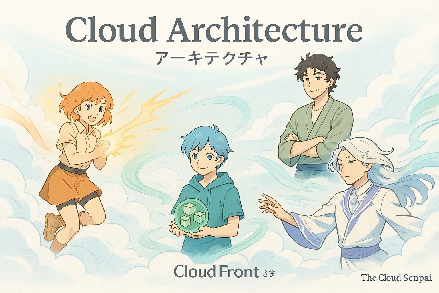 Cloud Architecture — artistic scene with Cloud Senpai, EC2-chan, S3-kun and CloudFront-sama