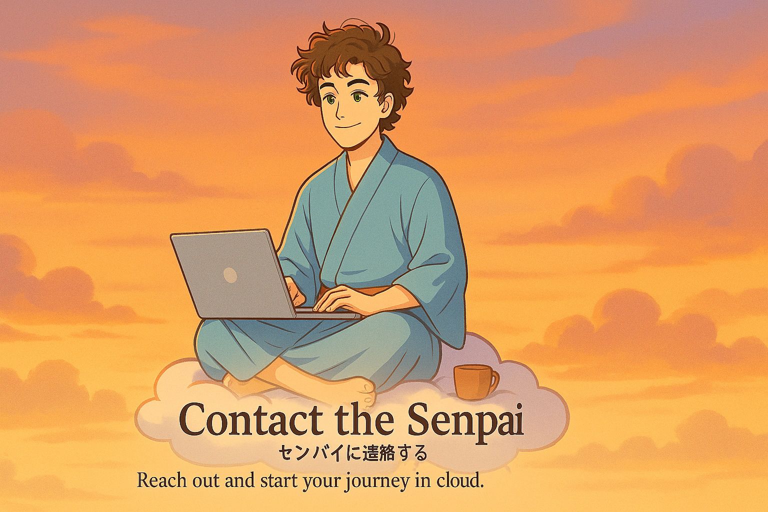 Contact the Senpai — warm sunset with Cloud Senpai on a cloud and laptop