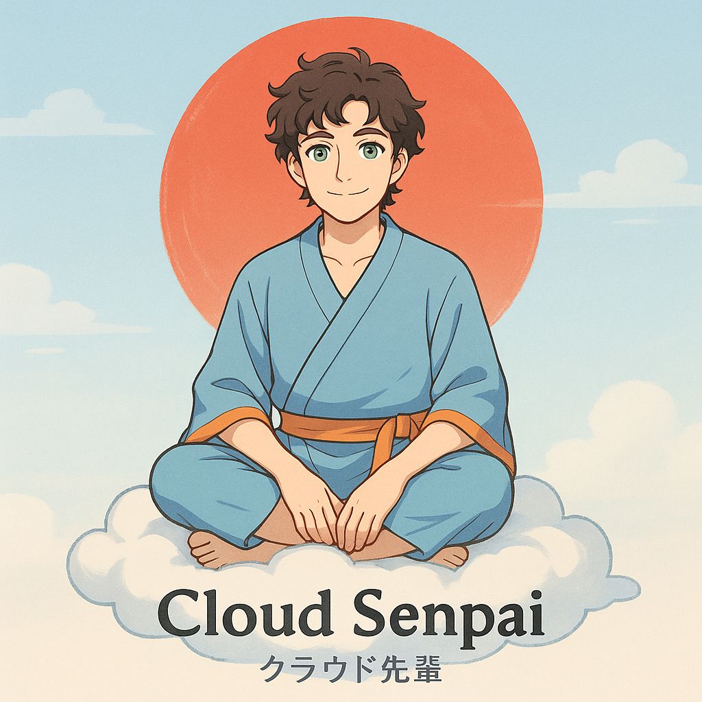 Cloud Senpai sitting on a cloud with a red rising sun behind, clean anime style.